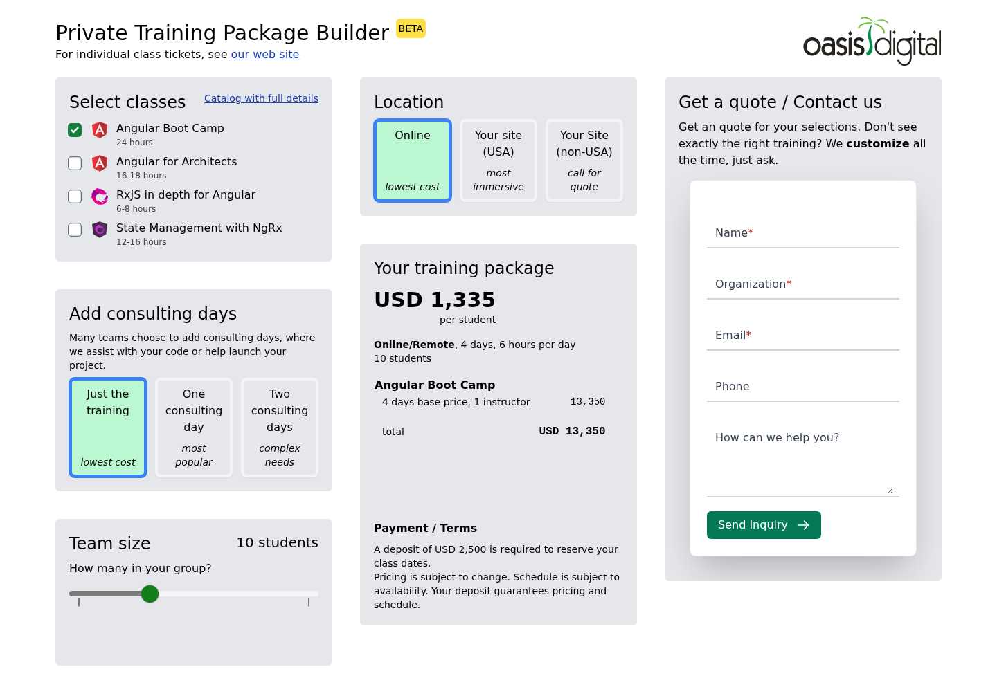 Private Training Package Builder - Oasis Digital